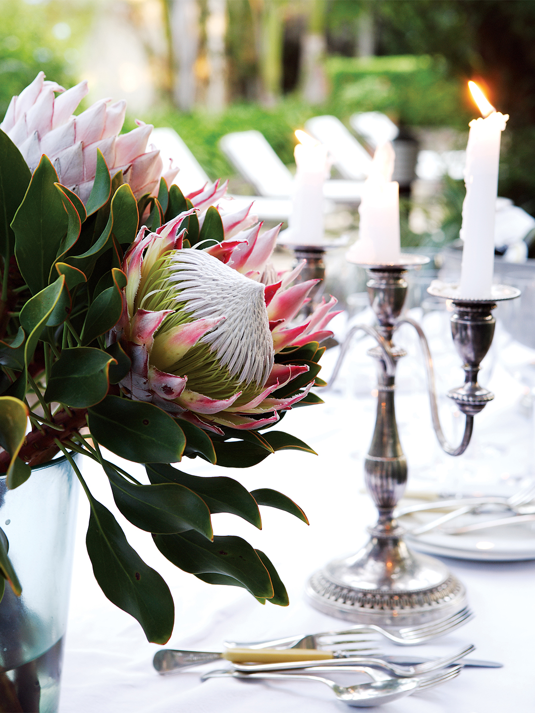 Table outdoors set for dinner with candles flickering and protea flowers in a vase.