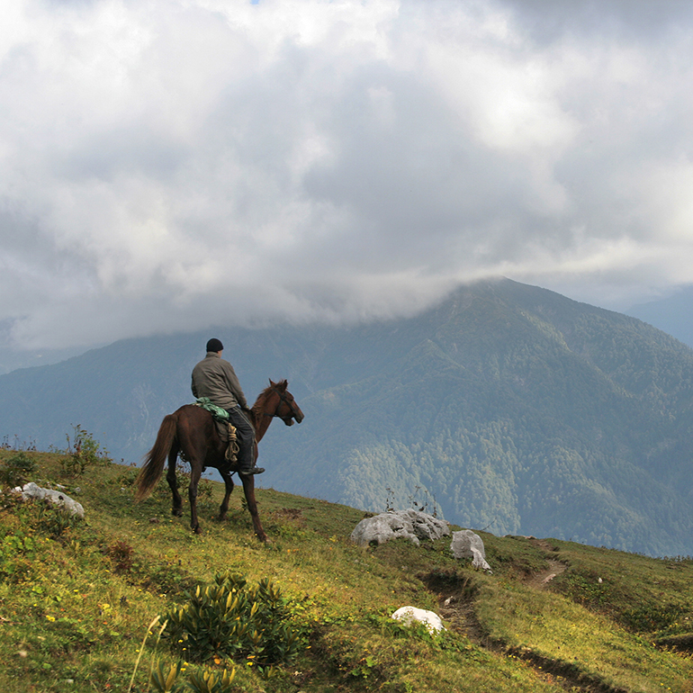 A man on horseback riding through the Zuurberg mountains in South Africa.
